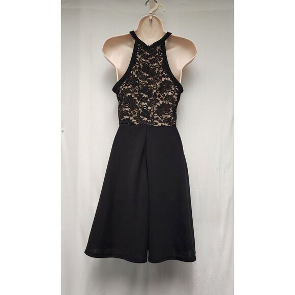 SHEIN Women's Floral Lace Halter Neckline Sleeveless Flared Black Dress Medium - Picture 6 of 7